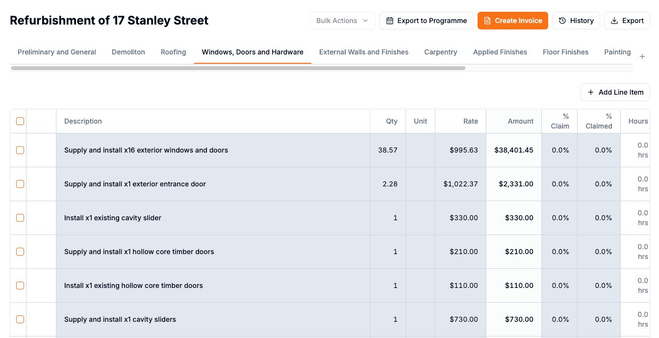 SyteSense schedule of quantities showing line items, rates, amounts and labour hours